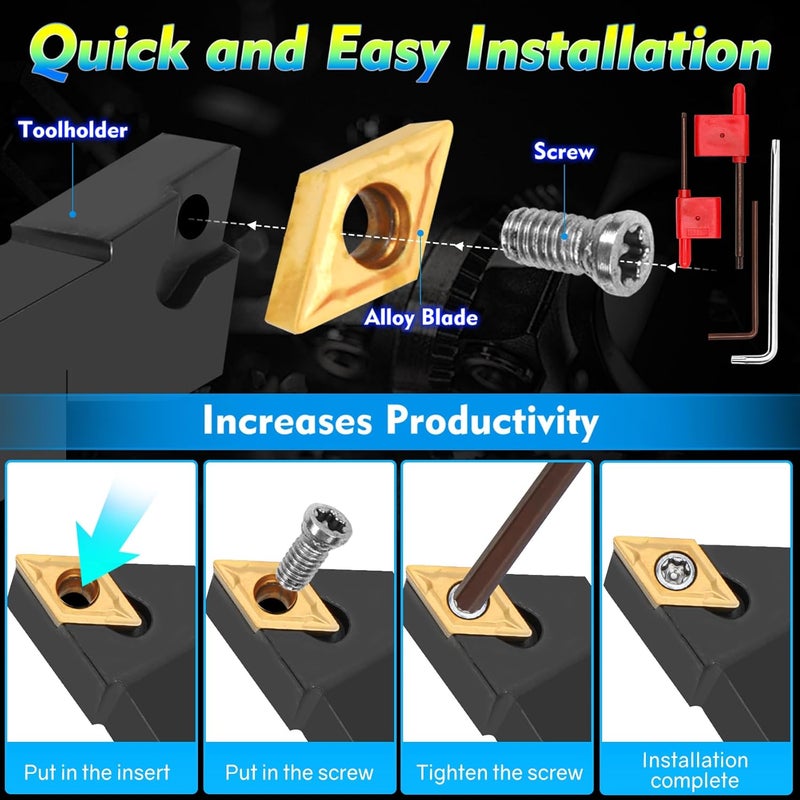 Joogto Indexable Lathe Turning Tool 21Pcs Kit 1/4'' 6mm Shank 7Pcs Metal Lathe Tools Holder Set with 14Pcs Turning Inserts for Turning Grooving Threading Boring Carbide Inserts Carbide Turning Tool - Image 4